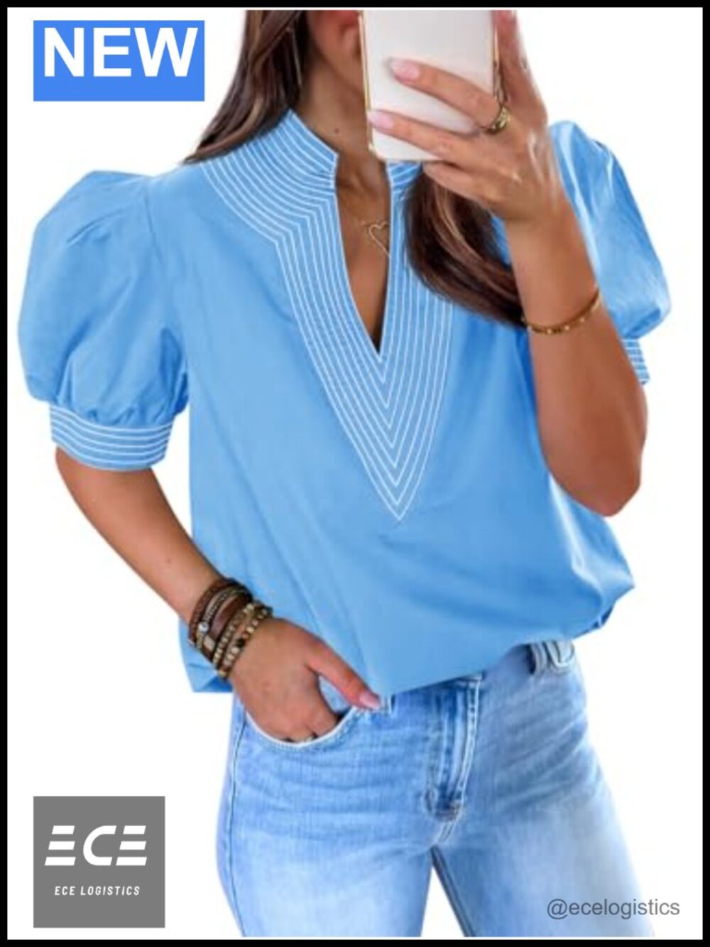 Womens Puff Sleeve Blouse V Neck Loose Casual Dressy Top Polyester